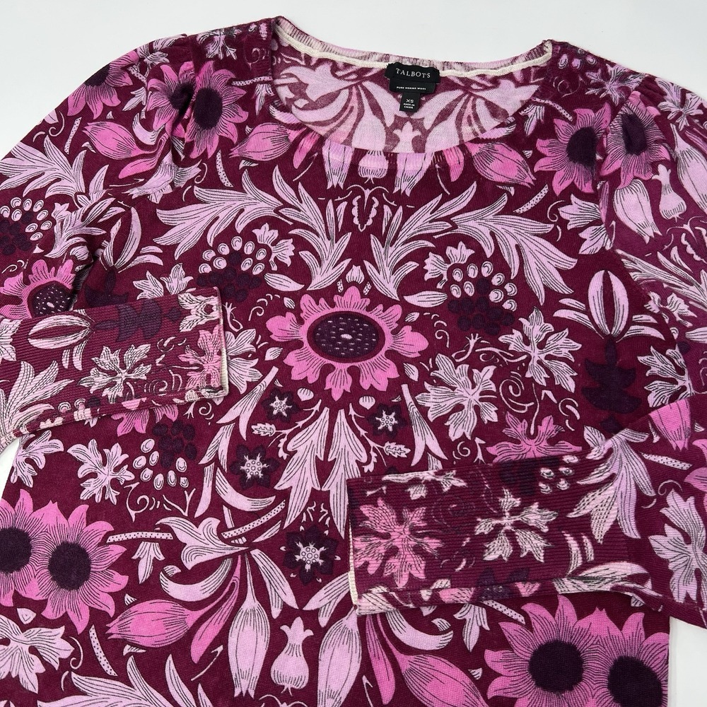 Talbots Pure Merino Wool Pink Purple‎ Knit Floral Sweater Puff Sleeve Women's XS